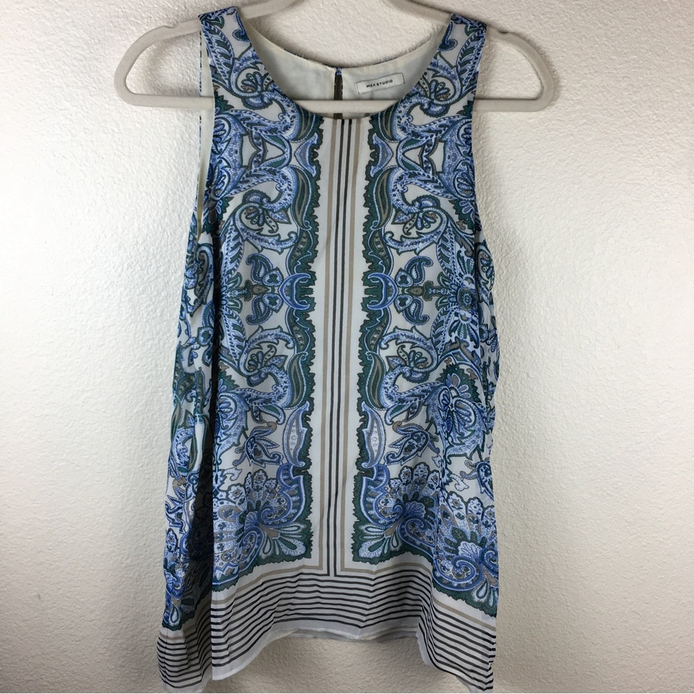 Max Studio Sleeveless Blue Cream Printed Trapeze Blouse Size Medium